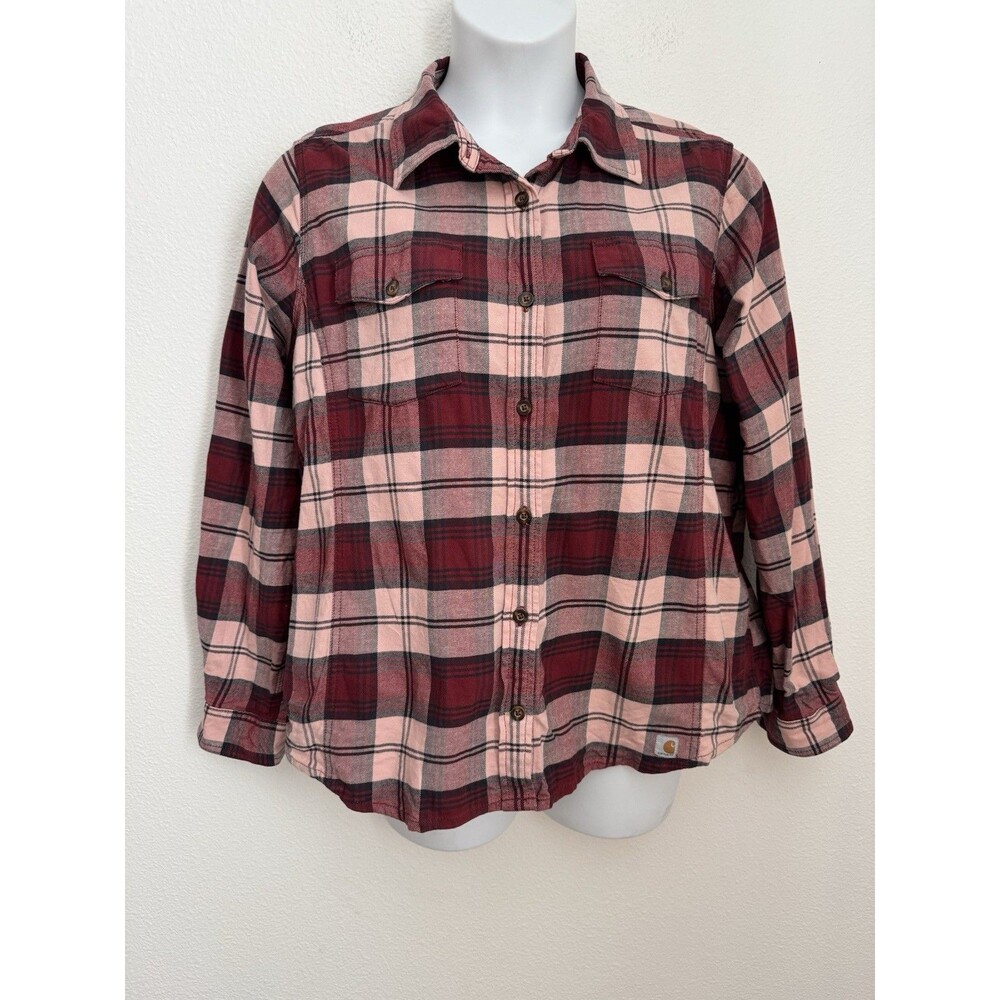 Carhartt Flannel Shirt Womens XL 16/18 Maroon Pink Plaid Long Sleeve Button up